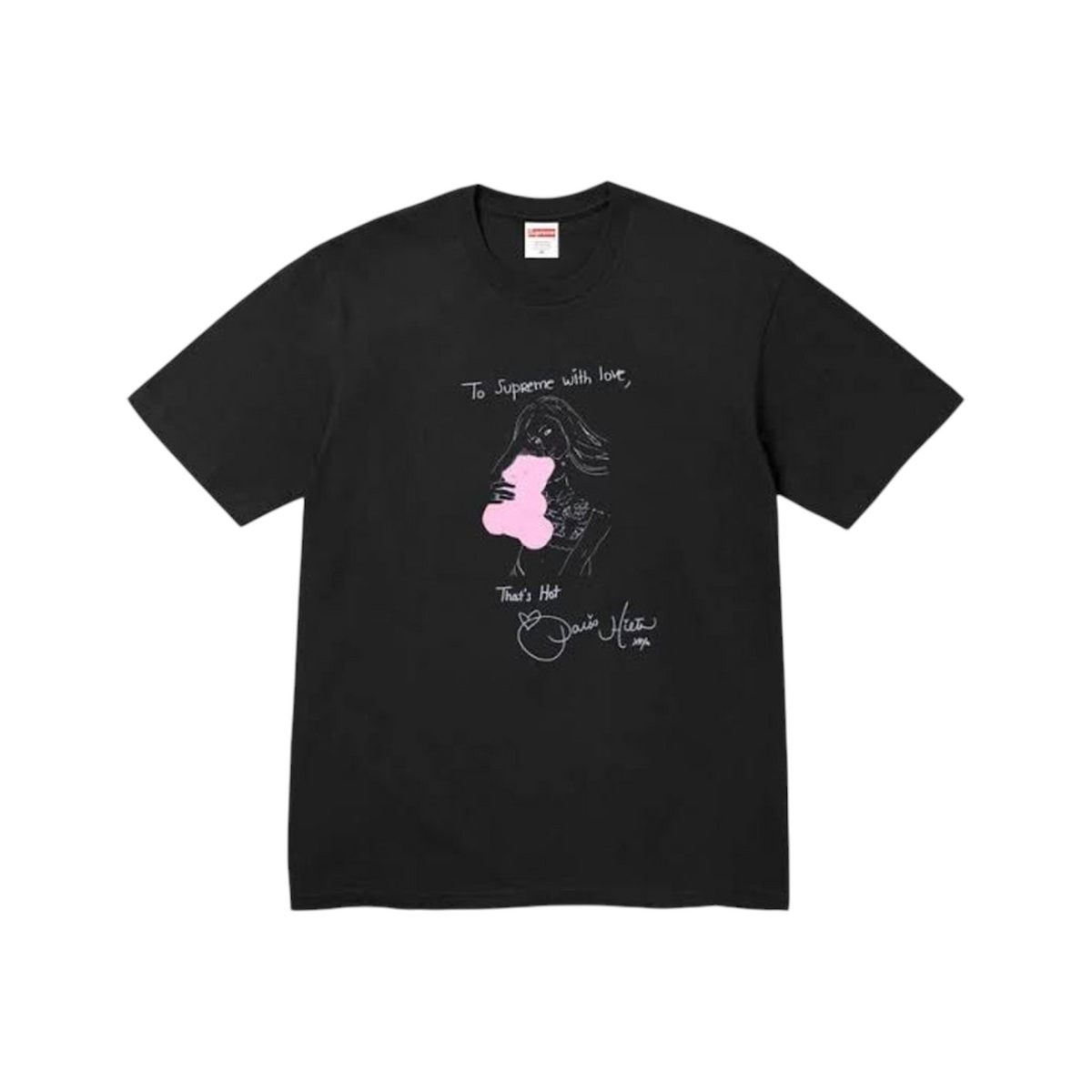 vsresell black Supreme Paris graphic t-shirt featuring a white line art illustration and pink teddy bear design.