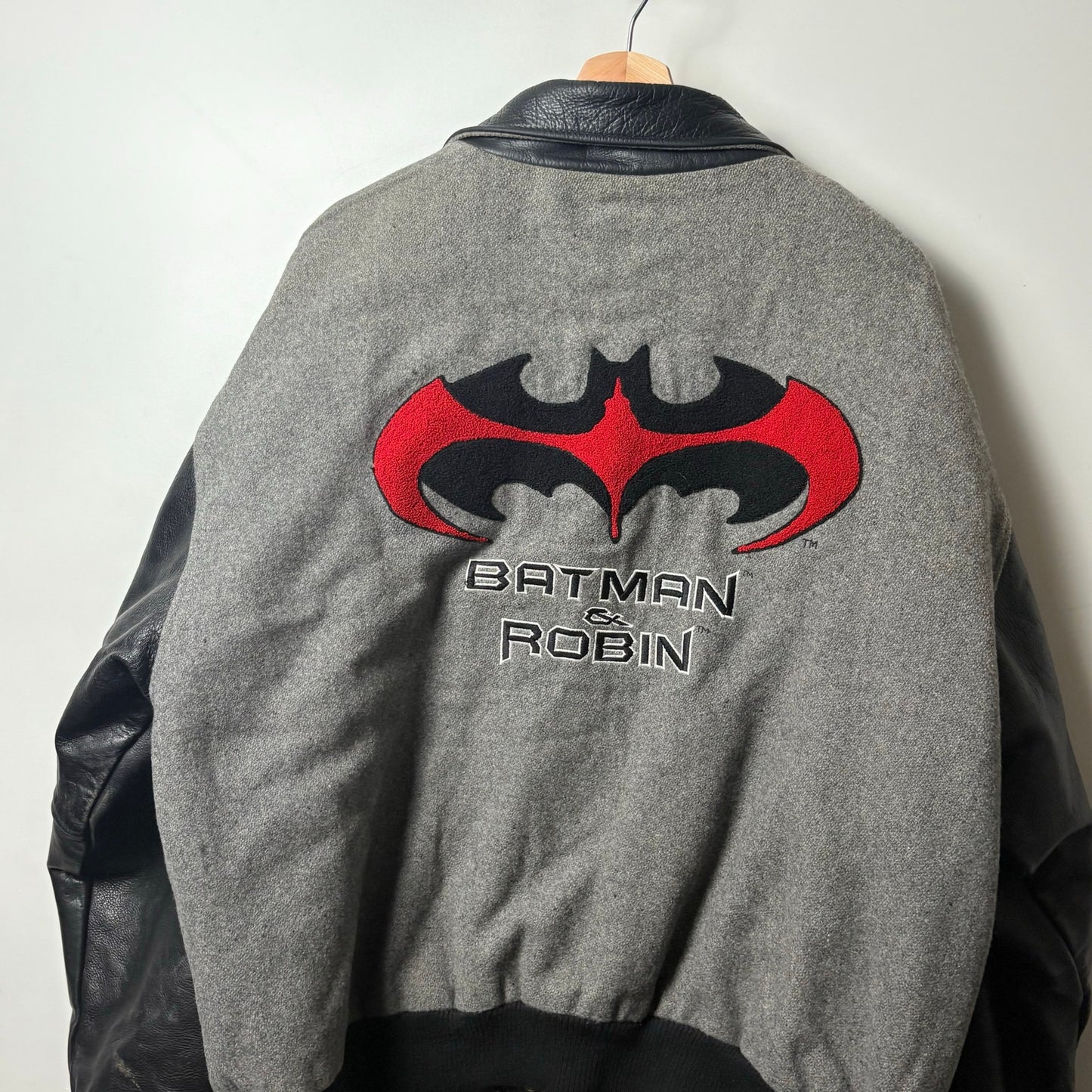 1997 Batman & Robin grey leather Varsity Jacket L