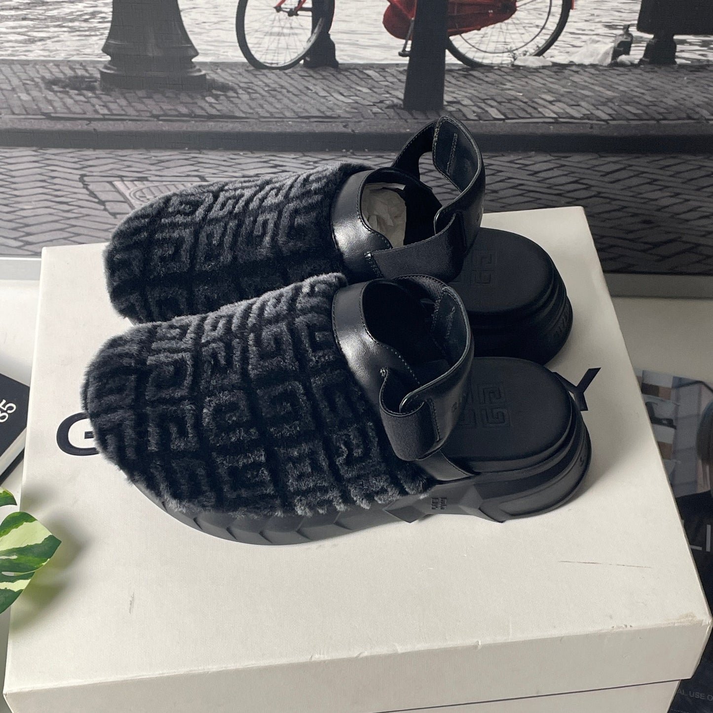 GIVENCHY Marshmallow Shearling Logo Slingback Shoes 6.5w