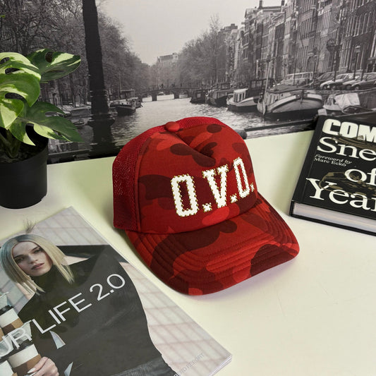 BAPE × OVO Red ABC camo trucker hat cap A Bathing Ape