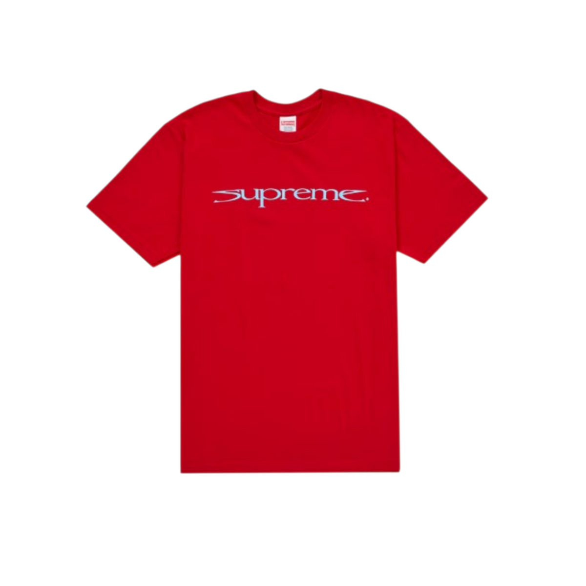 vsresell red Supreme Sharp Logo t-shirt with blue stylized lettering on the chest, size large, new with tags.