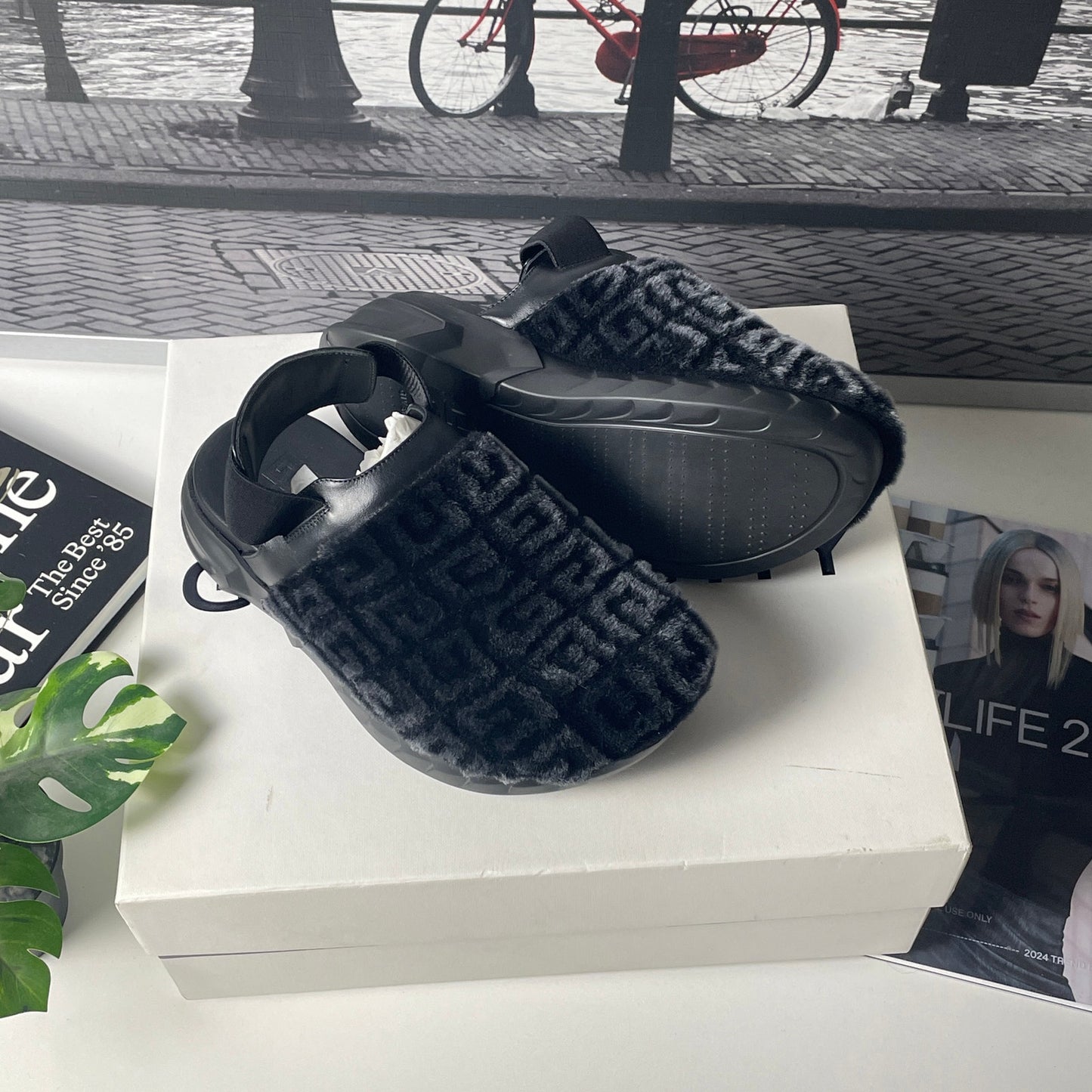 GIVENCHY Marshmallow Shearling Logo Slingback Shoes 6.5w