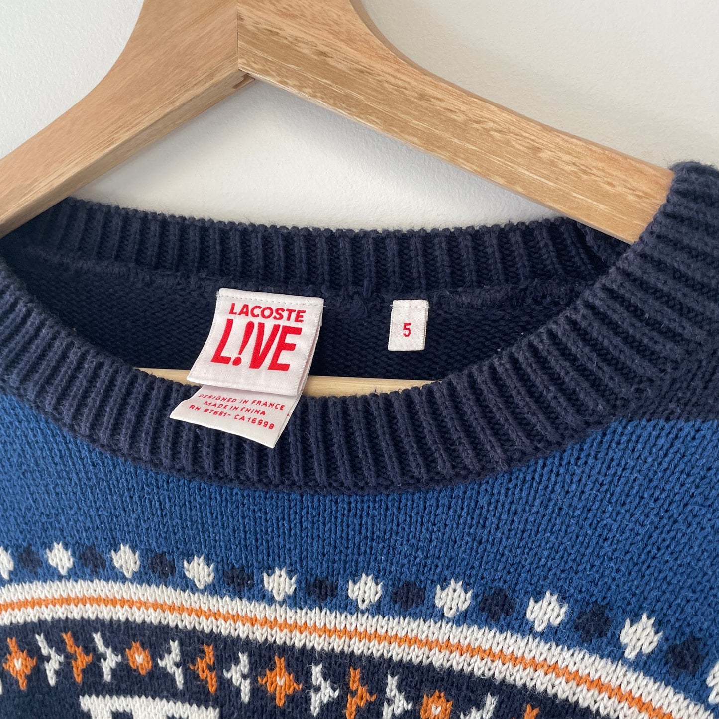 Lacoste knit patterned blue sweater L