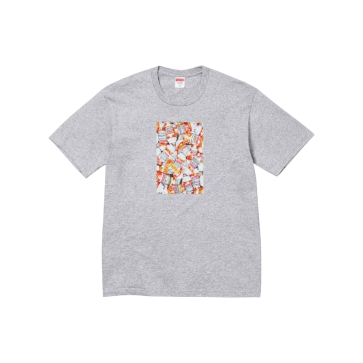 vsresell grey Supreme Pills graphic t-shirt with a colorful pill bottle print on the chest, size medium.
