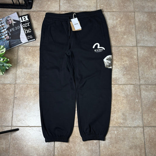 Evisu Multi Pocket Logo Print Loose Fit Black Sweatpants XL NWT