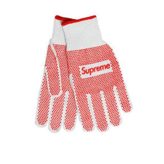 vsresell Supreme Grip work gloves in white with red dotted pattern and Supreme logo on the back of the hand