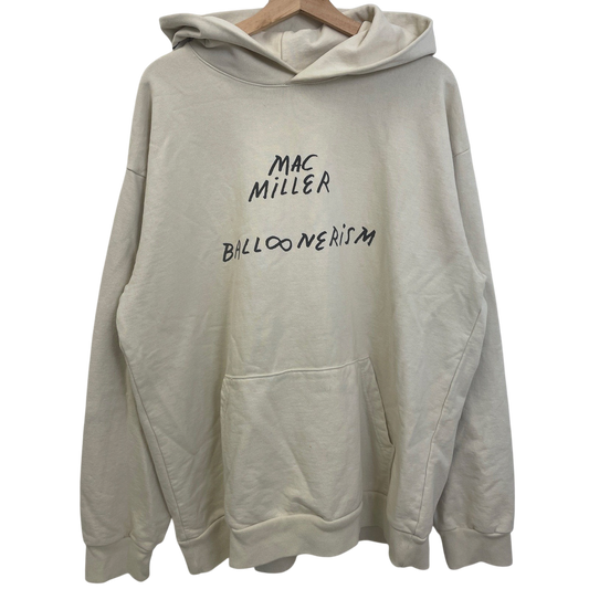 vsresell beige Mac Miller Balloonerism hoodie with black graphic text and front kangaroo pocket