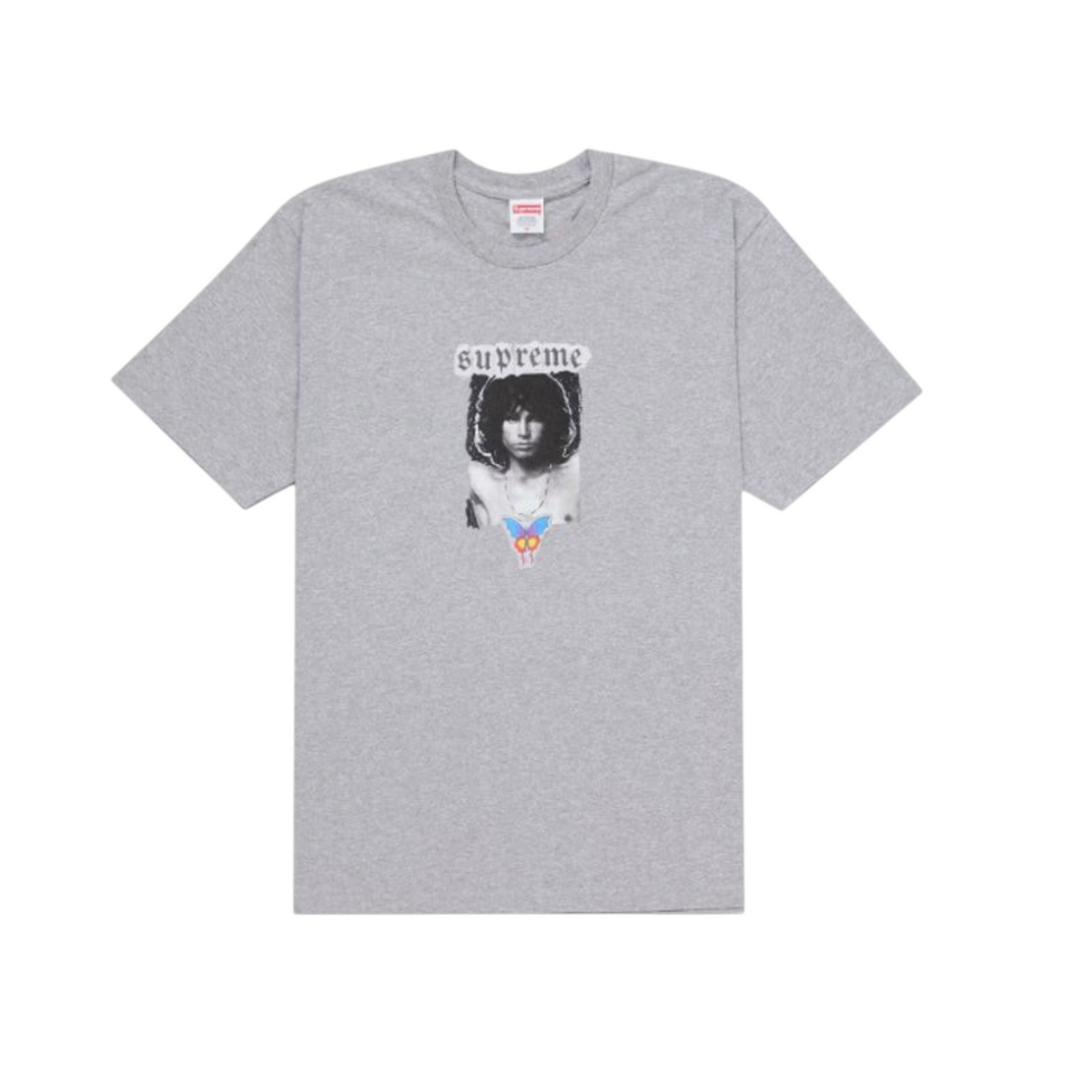 vsresell grey Supreme Jim Morrison graphic t-shirt with a butterfly print, size large.