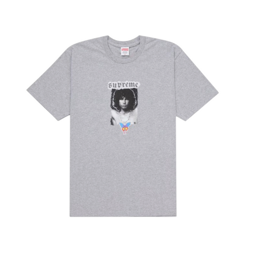 vsresell grey Supreme Jim Morrison graphic t-shirt with a butterfly print, size large.