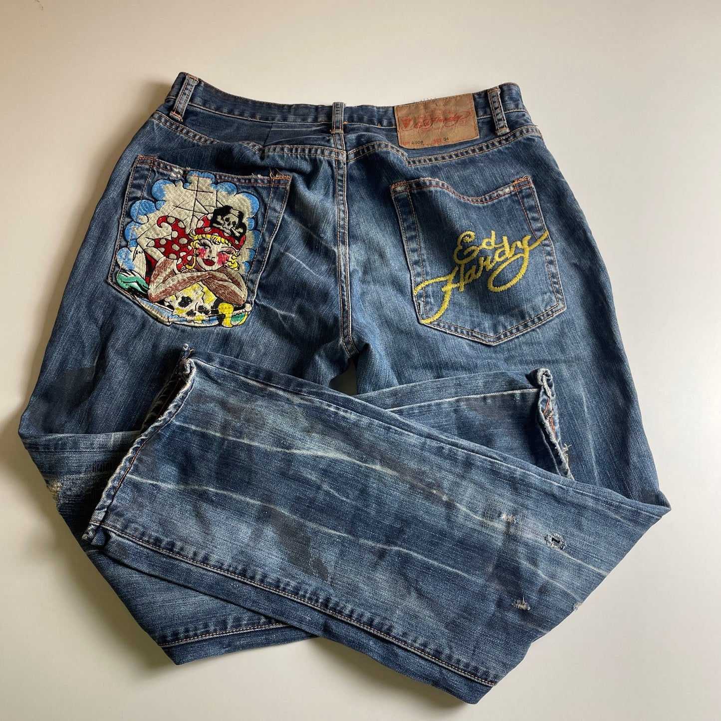 Ed hardy Skull embroidery distressed jeans