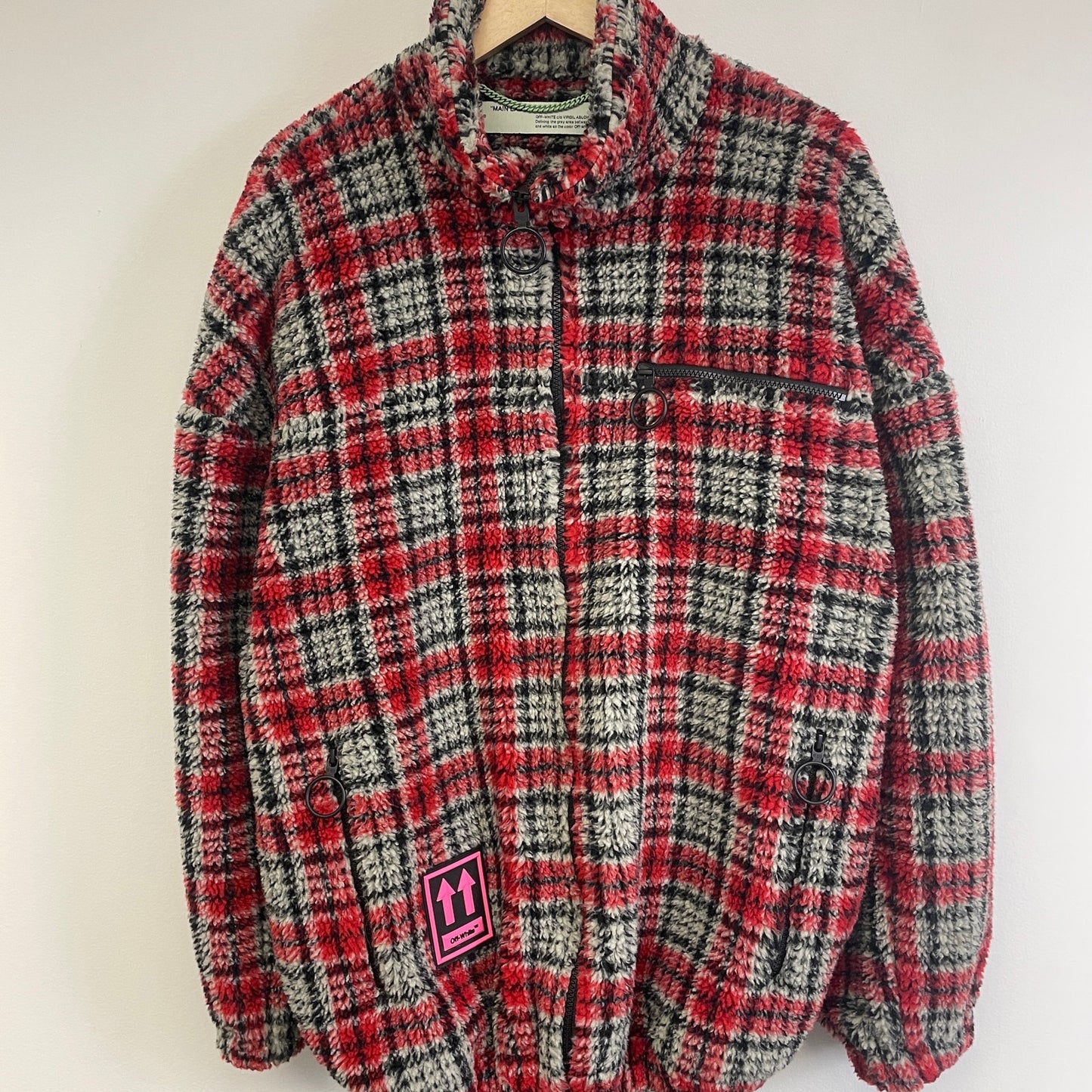 Off White Checkered Red Fleece Jacket L