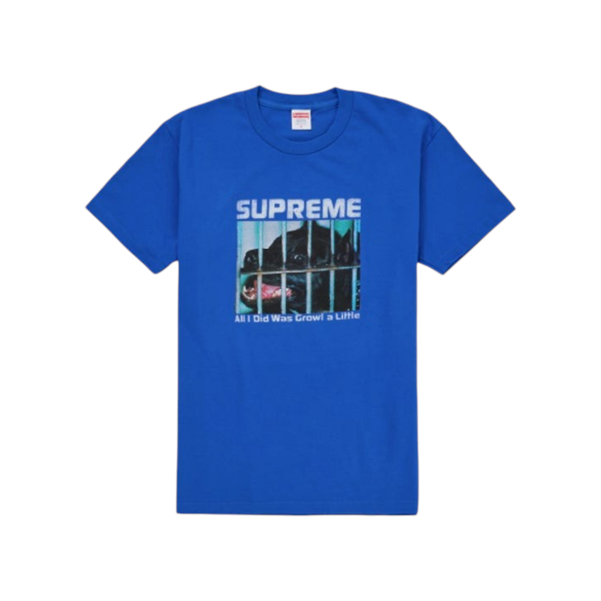vsresell royal blue Supreme Growl graphic t-shirt featuring a dog in a cage print, size large.