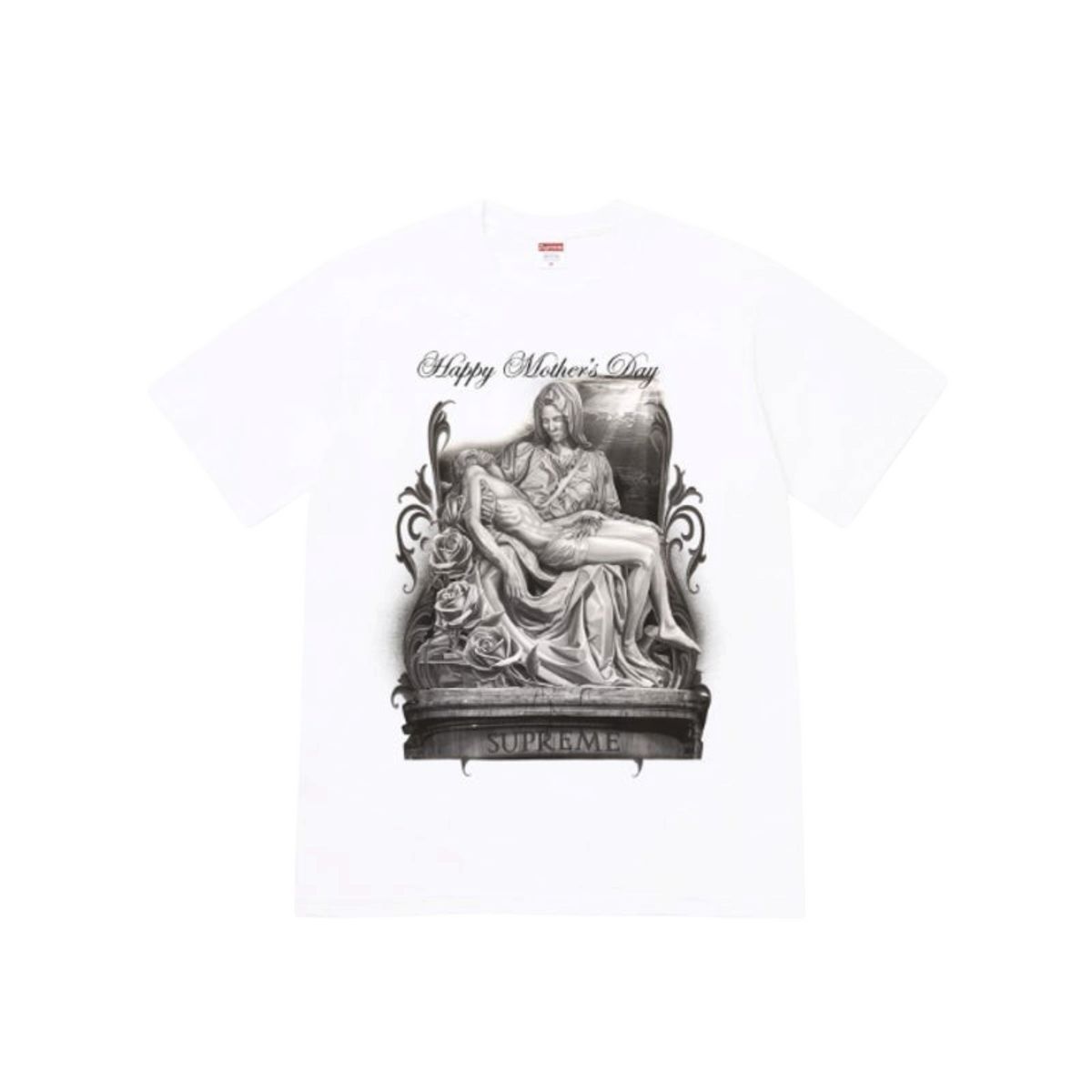 vsresell white Supreme Tears graphic t-shirt featuring a black and white religious art print and text