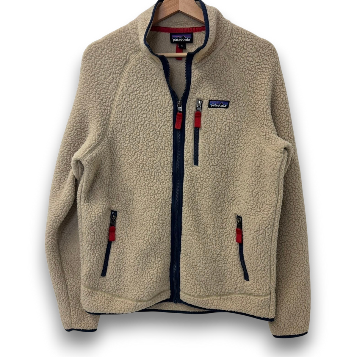 vsresell Patagonia Retro Pile full-zip fleece jacket in El Cap Khaki with navy trim and red zipper pulls