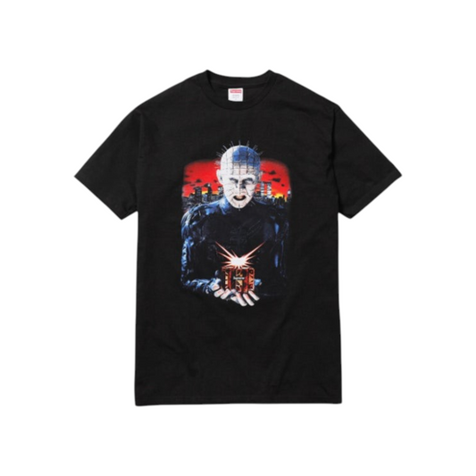 vsresell black Supreme x Hellraiser Hell on Earth graphic t-shirt featuring Pinhead holding the Lament Configuration