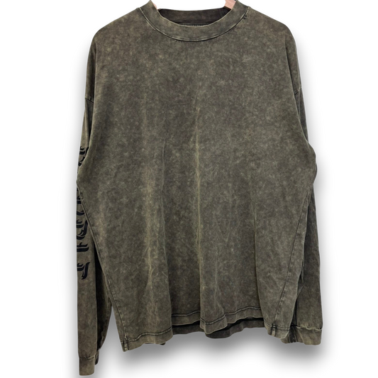 vsresell purple and green acid wash long sleeve shirt with black arm logo detail on a wooden hanger