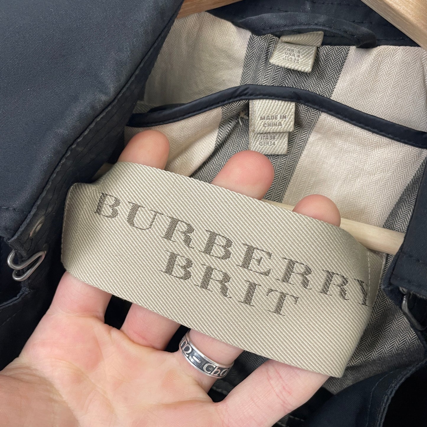 Vintage burberry brit nova check black trench coat S
