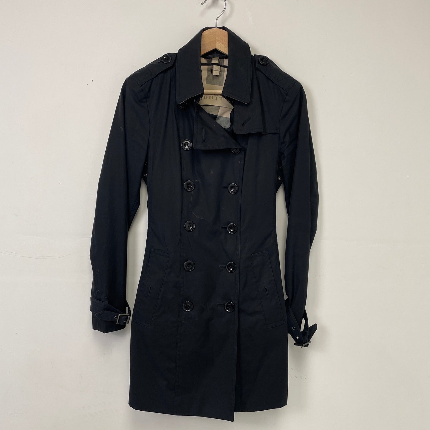 Vintage burberry brit nova check black trench coat S