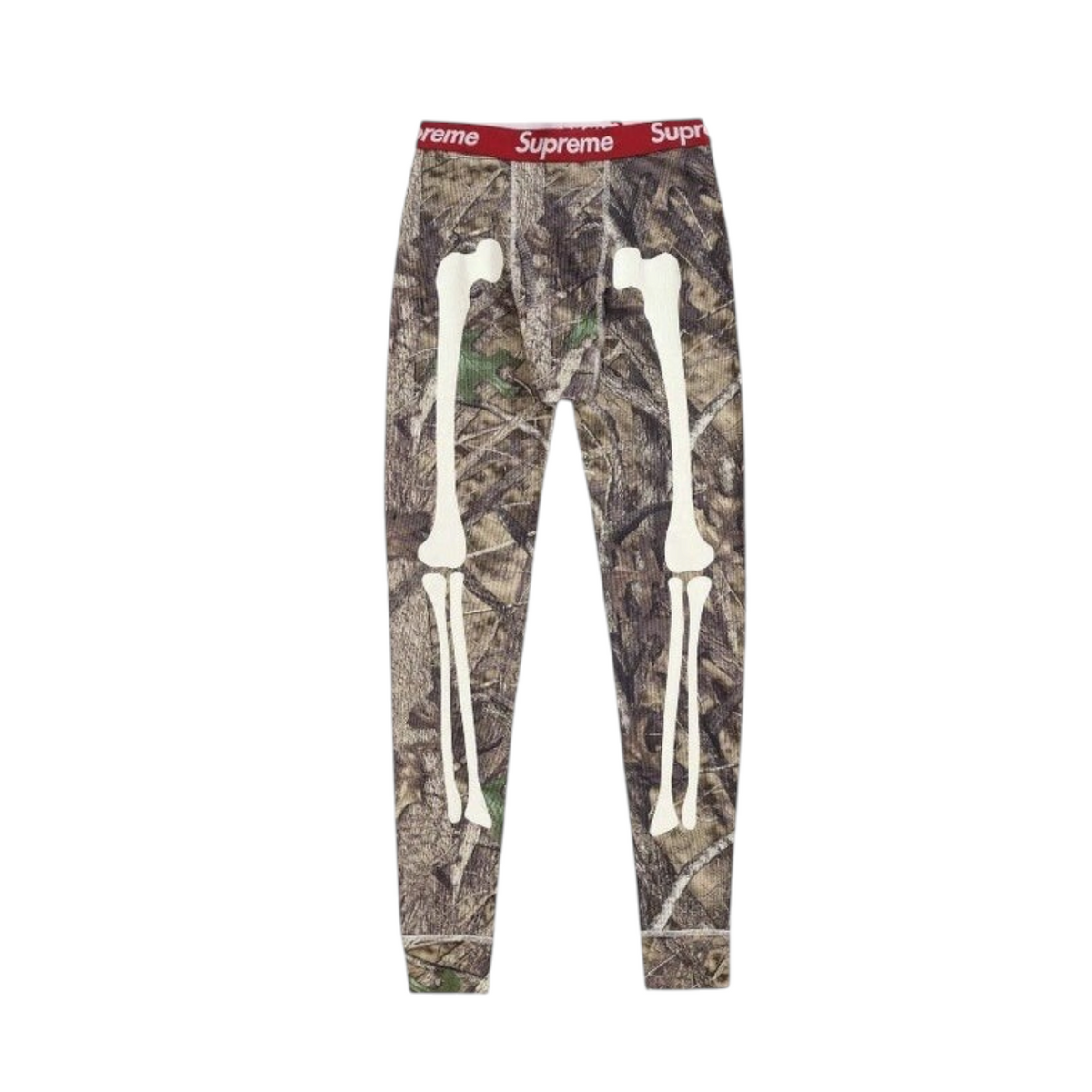 vsresell Supreme Hanes Bones thermal pants in camo print with white skeleton bone graphic and red logo waistband