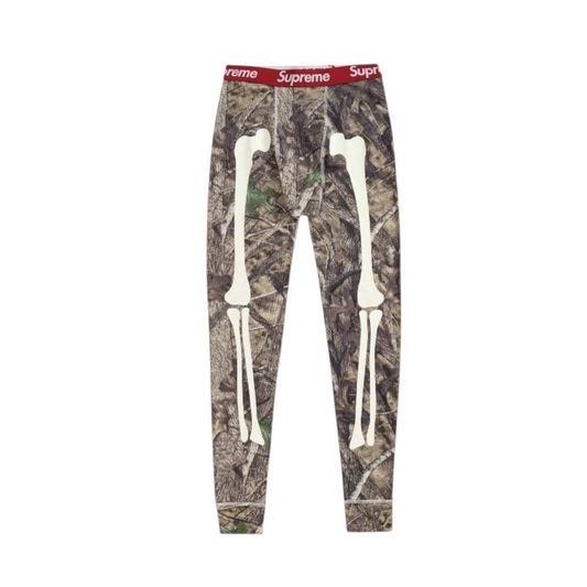vsresell Supreme Hanes Bones thermal pants in camo print with white skeleton bone graphic and red logo waistband