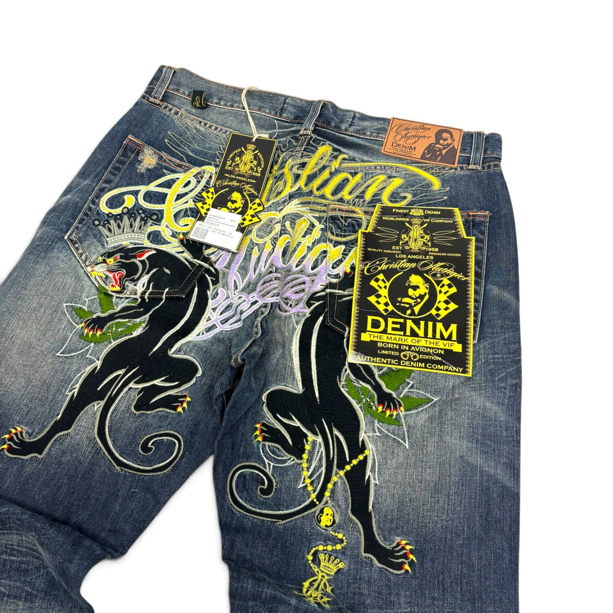 New Vintage Christian Audigier Black Panther Emboridery Jeans 34