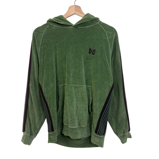 vsresell NEEDLES green velour track hoodie with purple side stripes and embroidered butterfly logo on chest