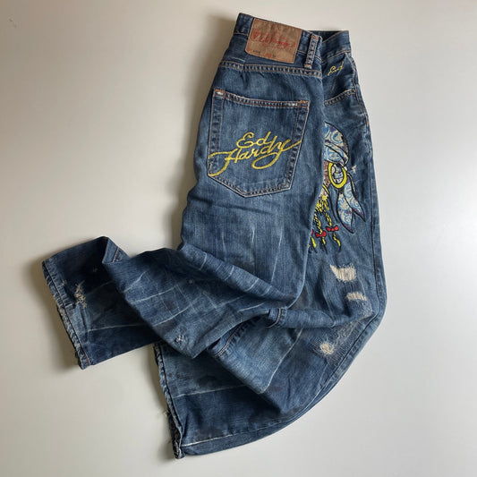 Ed hardy Skull embroidery distressed jeans