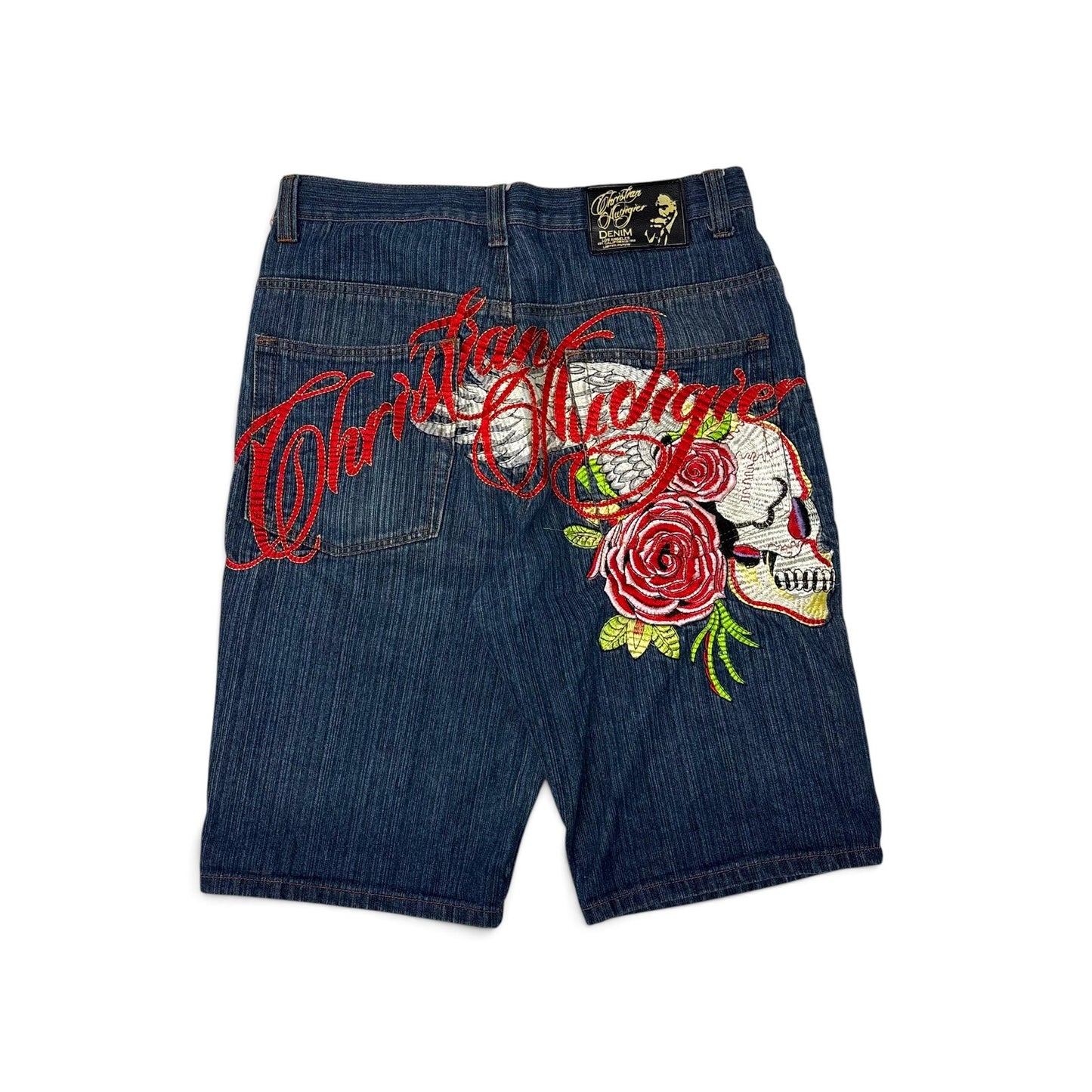 Y2K Christian Audigier Embroidered Baggy Shorts 36