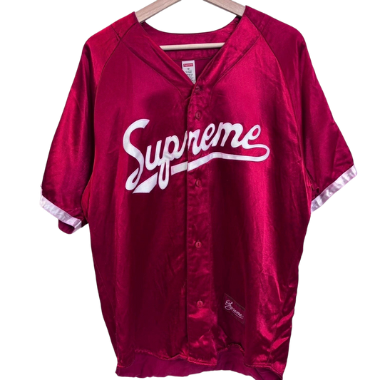vsresell red satin Supreme baseball jersey with white script logo and button-up front
