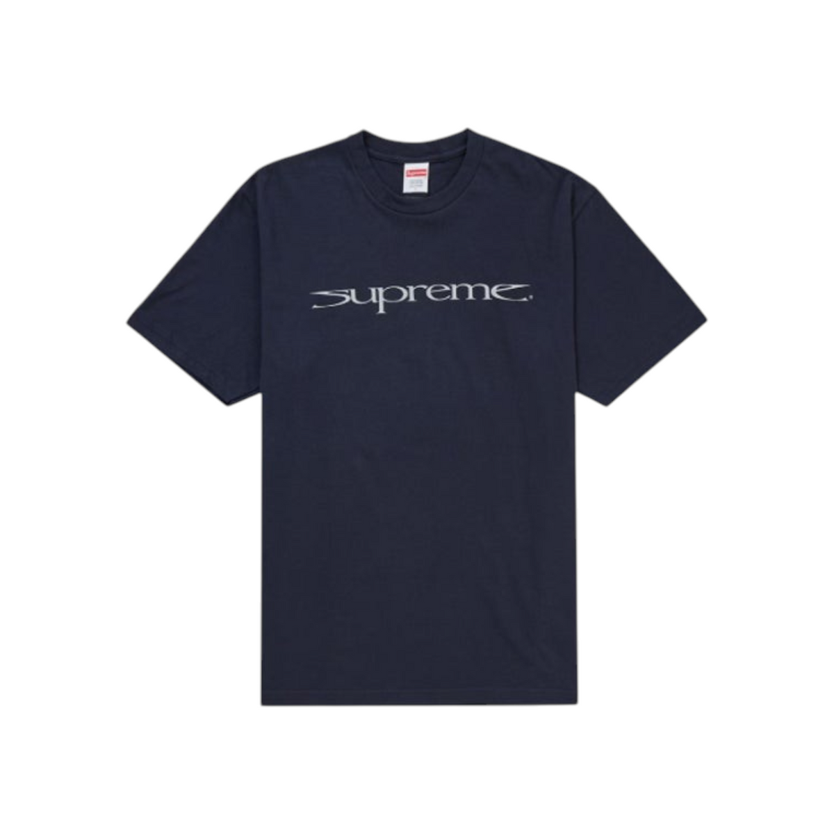 vsresell navy Supreme Sharp Logo t-shirt with white graphic text on the chest, size medium.