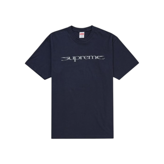 vsresell navy Supreme Sharp Logo t-shirt with white graphic text on the chest, size medium.
