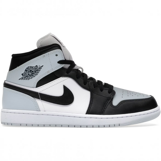 vsresell Jordan 1 Mid Black Aura Squadron sneakers in black, white, and light grey leather with iconic wing logo