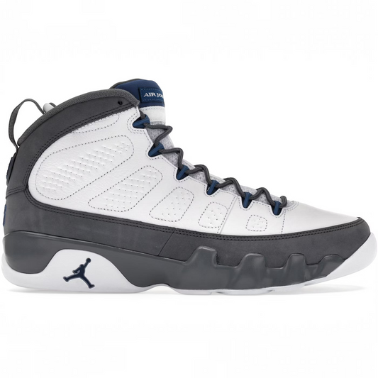 vsresell Jordan 9 Flint Grey high-top sneakers featuring white leather and dark grey nubuck overlays
