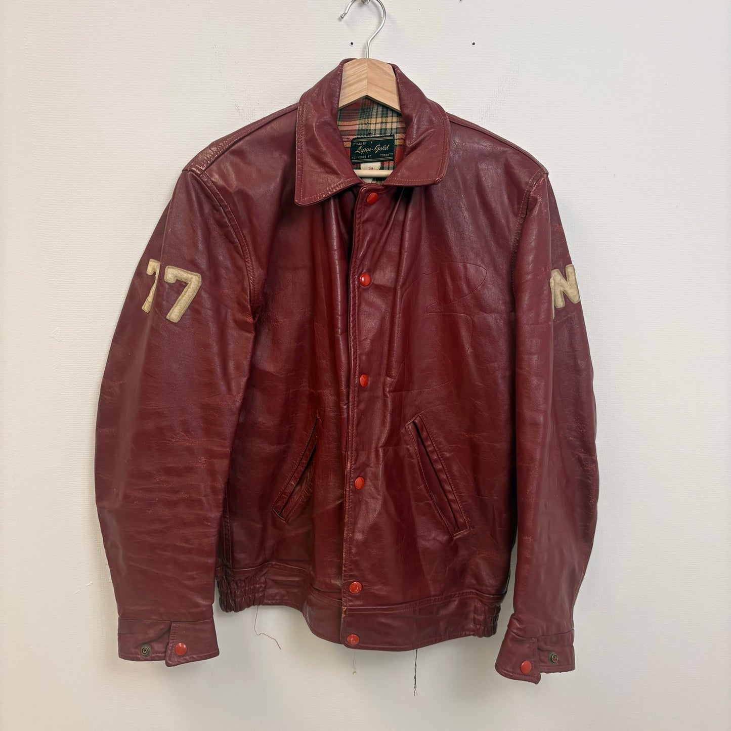 Vintage seneca college 70s red leather varsity jacket M