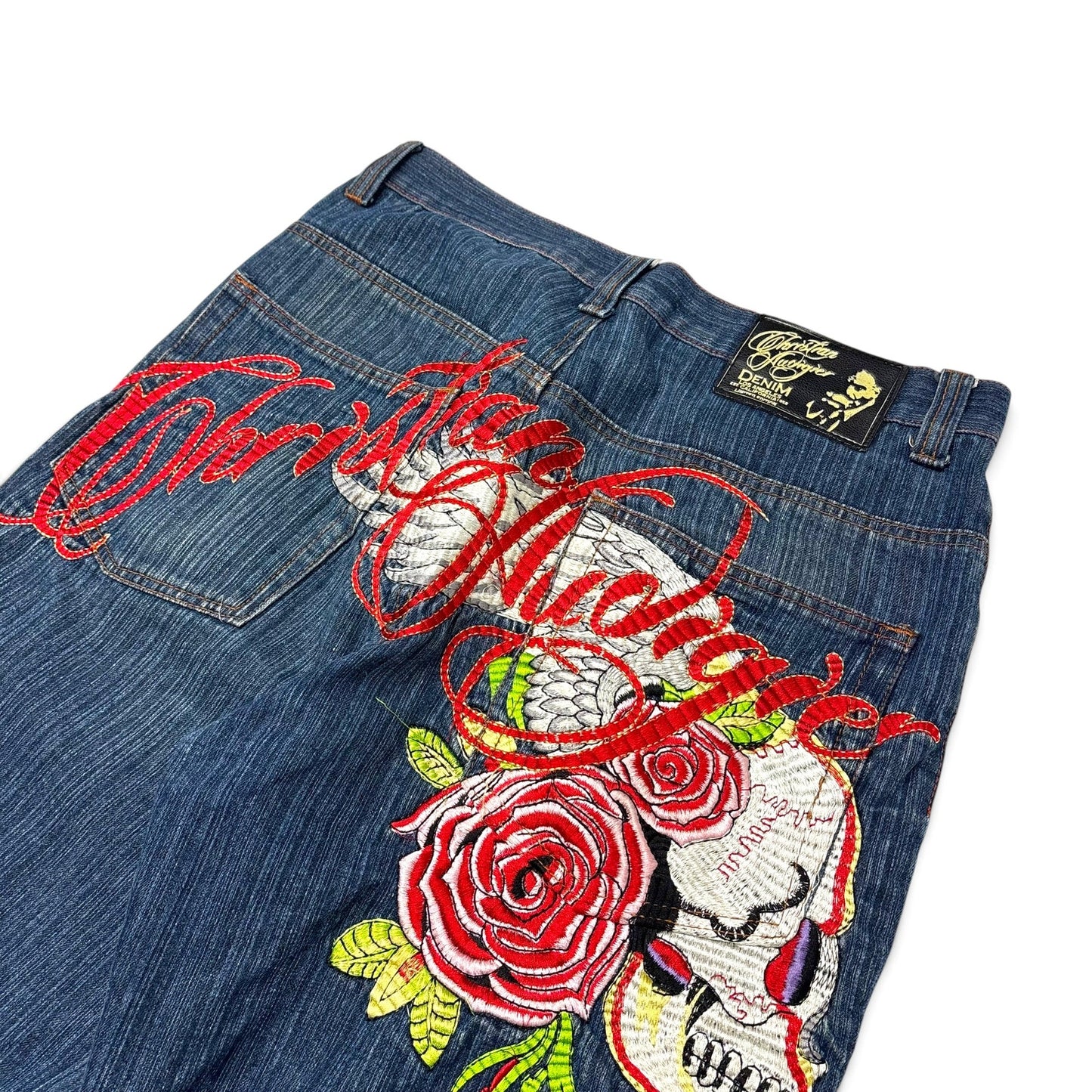 Y2K Christian Audigier Embroidered Baggy Shorts 36