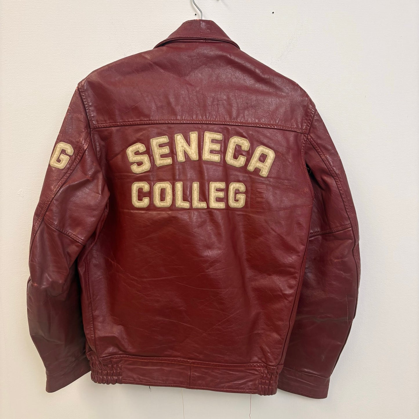 Vintage seneca college 70s red leather varsity jacket M
