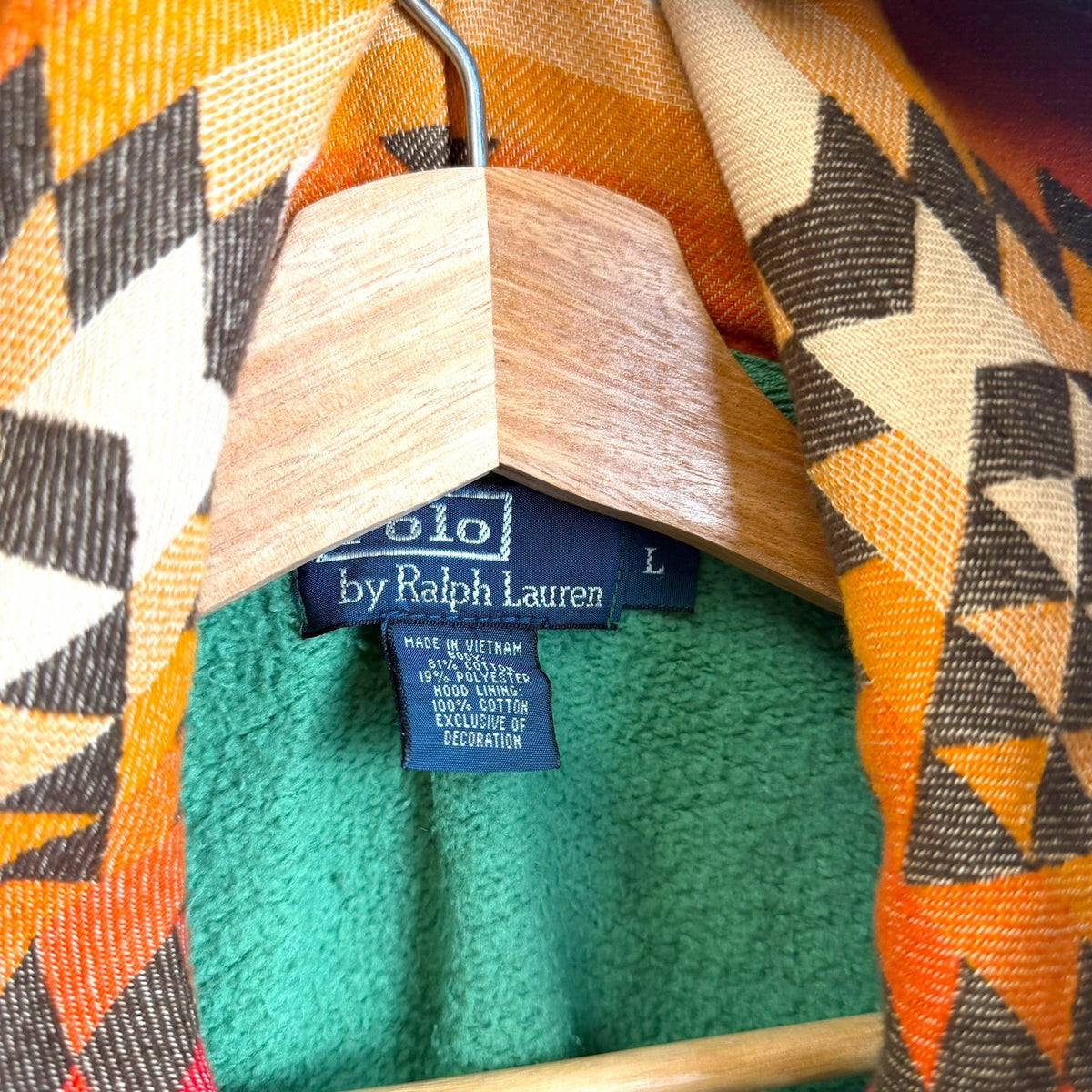 Polo Ralph Lauren Green Zip Up Sweatshirt Aztec Hood L