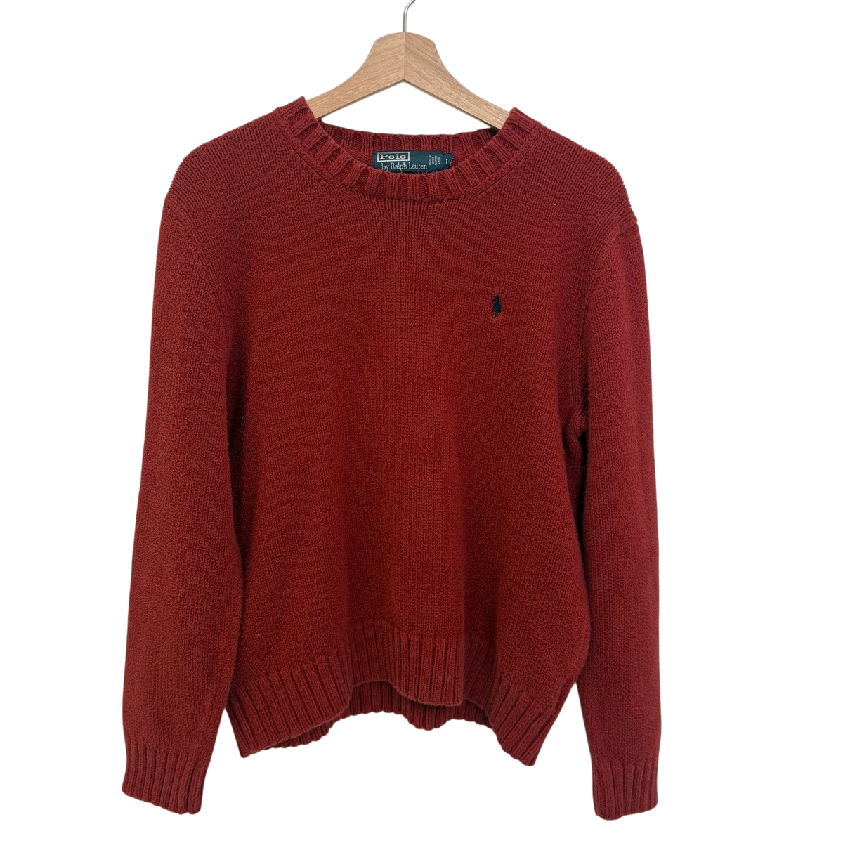 vsresell vintage Polo Ralph Lauren red knit sweater with crew neck and embroidered logo on a wooden hanger