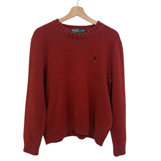vsresell vintage Polo Ralph Lauren red knit sweater with crew neck and embroidered logo on a wooden hanger
