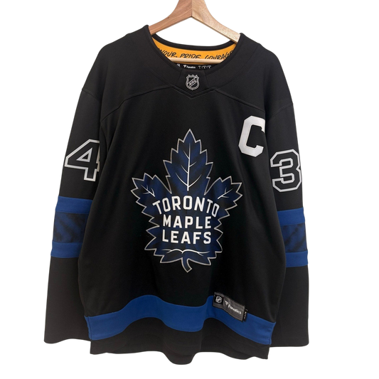 vsresell Toronto Maple Leafs Matthews Drew House black hockey jersey with blue accents and captain C patch