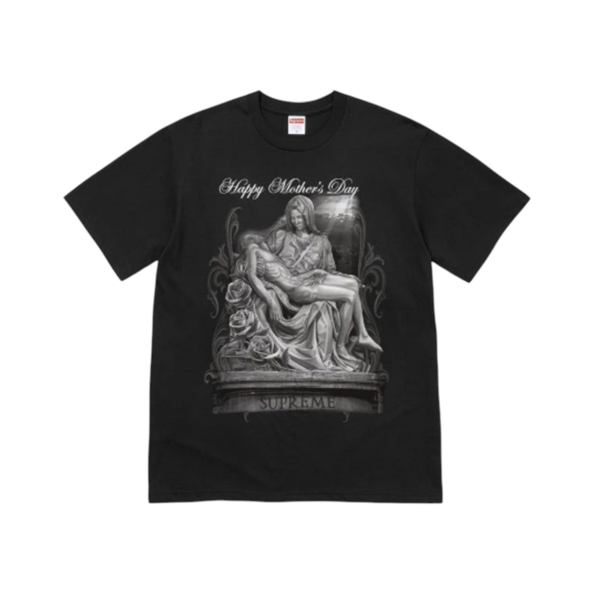 vsresell black Supreme Tears graphic t-shirt featuring a Happy Mother's Day religious art print on the front