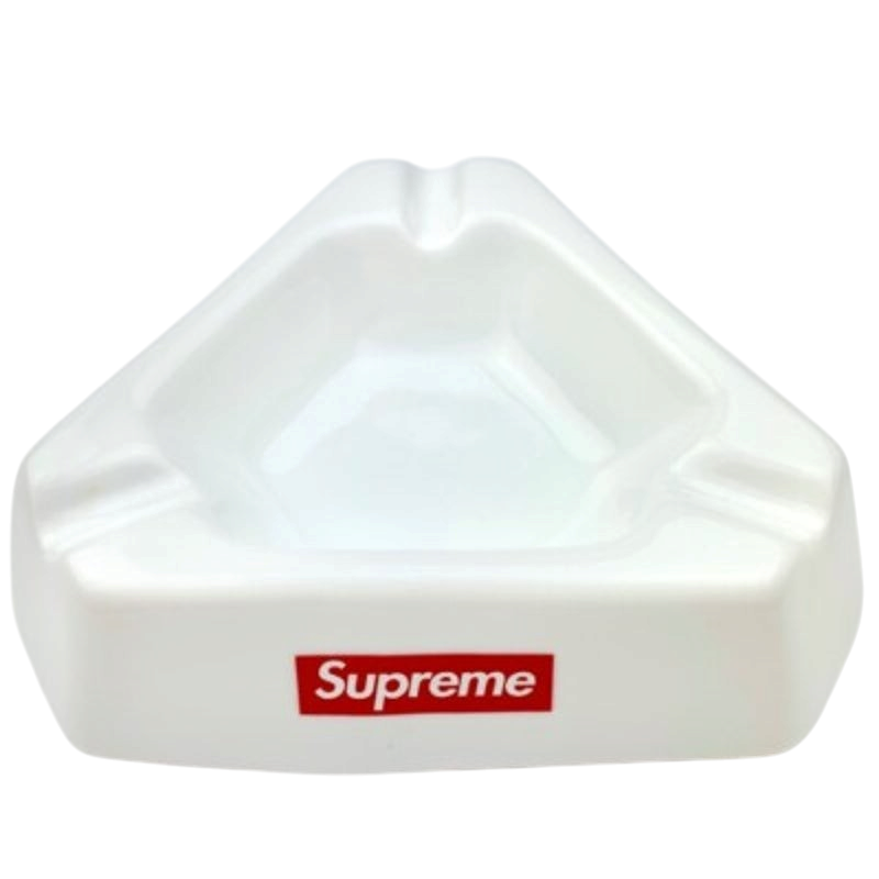 vsresell white triangular ceramic Supreme ashtray with red logo branding