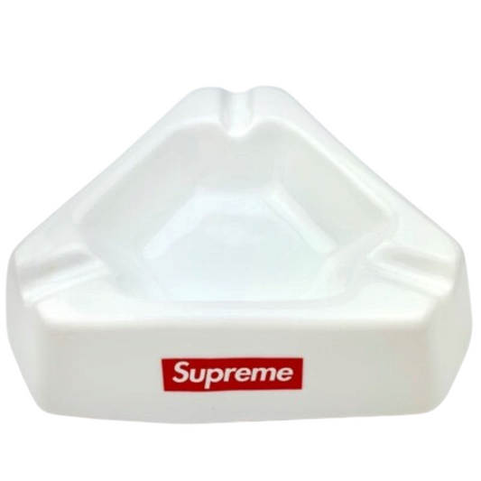 vsresell white triangular ceramic Supreme ashtray with red logo branding