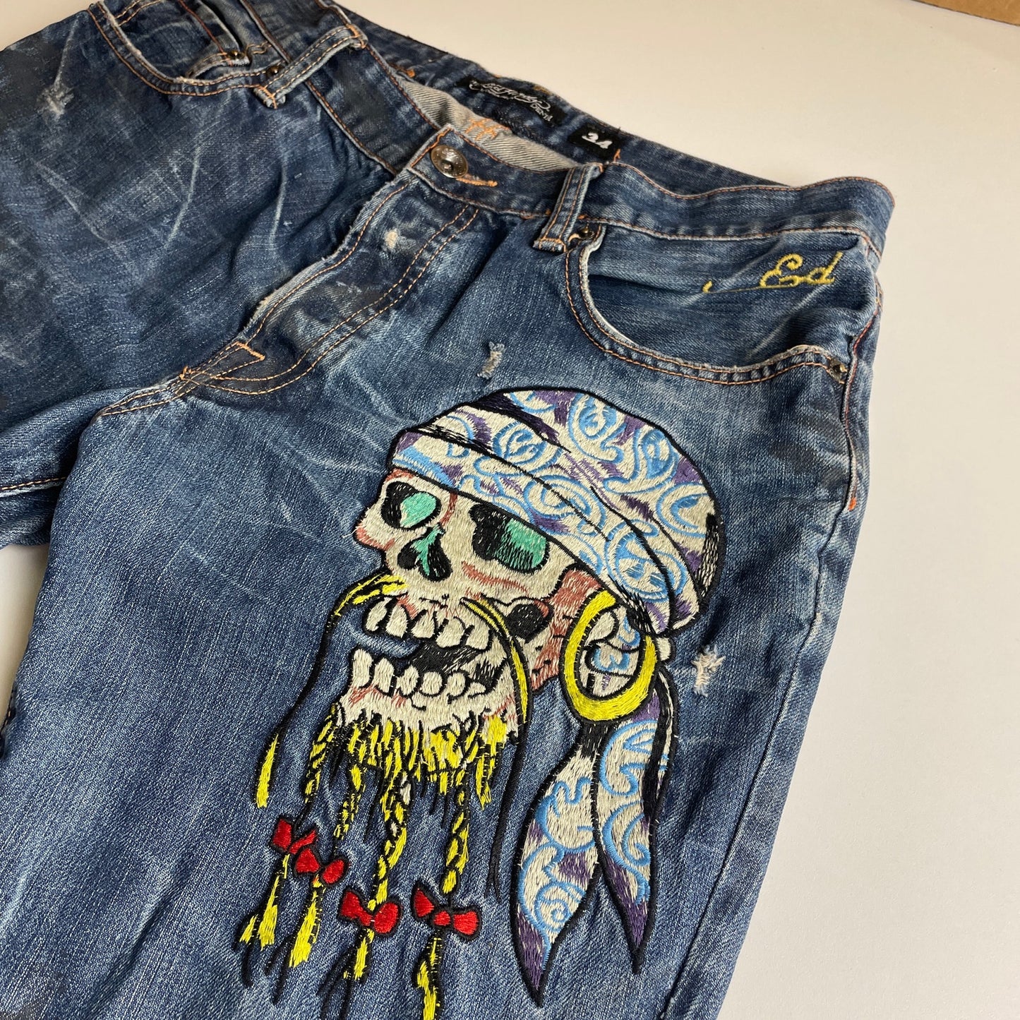 Ed hardy Skull embroidery distressed jeans