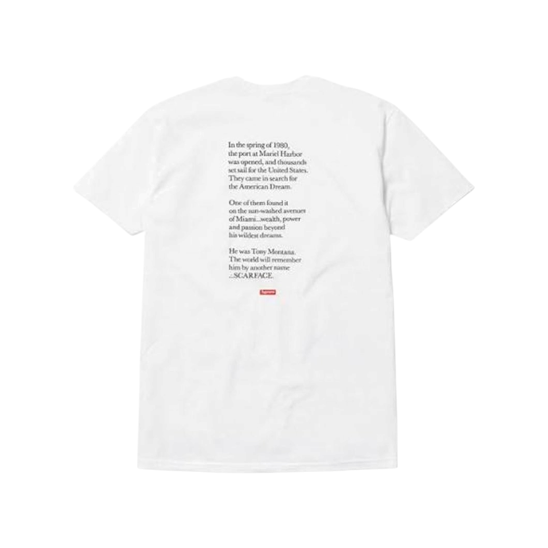vsresell white Supreme Scarface Shower t-shirt featuring black text from the movie on the back