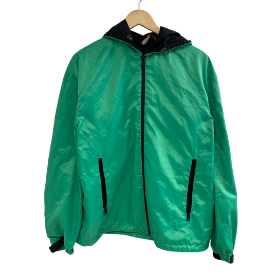 vsresell Prada green nylon hooded windbreaker jacket with black zipper and trim details