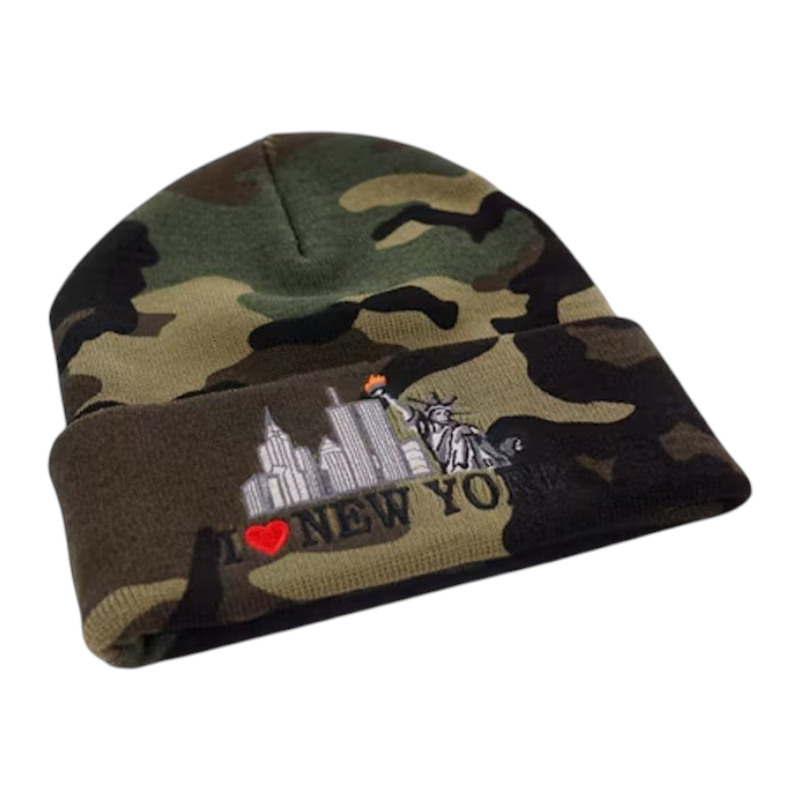 vsresell Supreme I Love NY beanie in woodland camo with embroidered Statue of Liberty and heart graphic